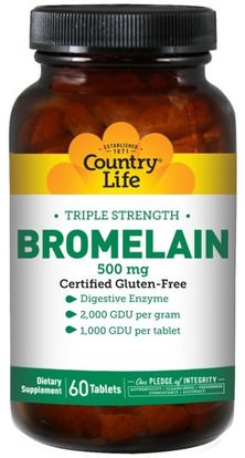 Country Life, Bromelain, Triple Strength, 500 mg, 60 Tablets ,المكملات الغذائية، الإنزيمات، بروميلين