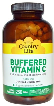 Country Life, Buffered Vitamin C, 1000 mg, 250 Tablets ,الفيتامينات، فيتامين ج مخزنة