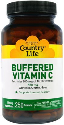 Country Life, Buffered Vitamin C, 500 mg, 250 Tablets ,الفيتامينات، فيتامين ج مخزنة