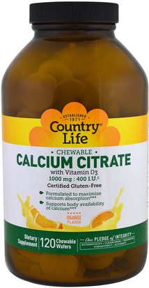 Country Life, Calcium Citrate, Orange Flavor, 120 Chewable Wafers ,المكملات الغذائية، والمعادن، والكالسيوم