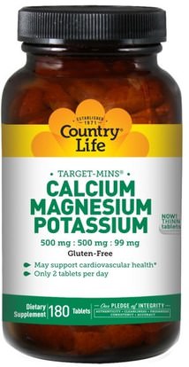 Country Life, Calcium, Magnesium, and Potassium, 500 mg : 500 mg : 99 mg, 180 Tablets ,والمكملات الغذائية، والمعادن، والكالسيوم والمغنيسيوم