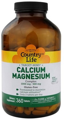 Country Life, Target-Mins, Calcium-Magnesium Complex, 360 Tablets ,والمكملات الغذائية، والمعادن، والكالسيوم والمغنيسيوم