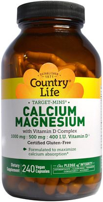 Country Life, Calcium-Magnesium with Vitamin D Complex, 240 Vegan Capsules ,والمكملات الغذائية، والمعادن، والكالسيوم والمغنيسيوم