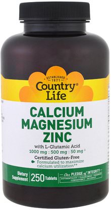 Country Life, Calcium Magnesium Zinc, 250 Tablets ,والمكملات الغذائية، والمعادن، والكالسيوم والمغنيسيوم