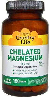 Country Life, Chelated Magnesium, 250 mg, 180 Tablets ,المكملات الغذائية، المعادن، خلات المغنيسيوم