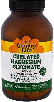 Country Life, Chelated Magnesium Glycinate, 180 Tablets ,المكملات الغذائية، المعادن، المغنيسيوم