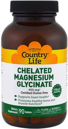 Country Life, Chelated Magnesium Glycinate, 400 mg, 90 Tablets ,المكملات الغذائية، المعادن، المغنيسيوم