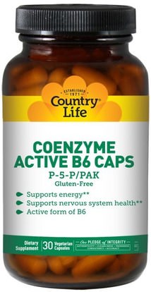 Country Life, Coenzyme Active B6 Caps, P-5-P/PAK, 30 Veggie Caps ,المكملات الغذائية، فيتامينات سونزيمات ب