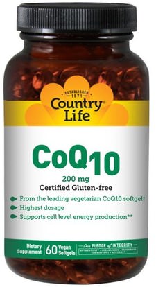 Country Life, CoQ10, 200 mg, 60 Vegan Softgels ,المكملات الغذائية، أنزيم q10، coq10 200 ملغ