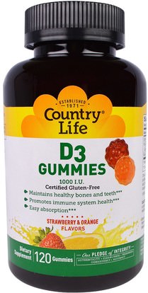 Country Life, D3 Gummies, Strawberry & Orange Flavors, 1000 I.U., 120 Gummies ,الفيتامينات، فيتامين d3، المكملات الغذائية، غوميز