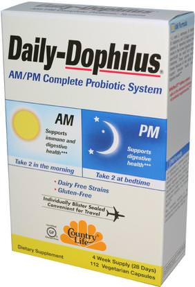 Country Life, Daily-Dophilus, AM/PM Complete Probiotic System, 112 Veggie Caps ,المكملات الغذائية، البروبيوتيك