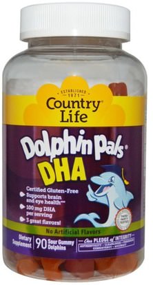 Country Life, Dolphin Pals, DHA, 3 Great Flavors, 90 Sour Gummy Dolphins ,المكملات الغذائية، إيفا أوميجا 3 6 9 (إيبا دا)، زيت السمك، دا مضغ