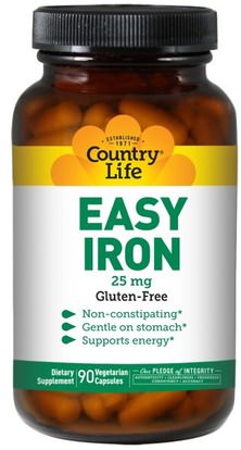 Country Life, Easy Iron, 25 mg, 90 Veggie Caps ,المكملات الغذائية، والمعادن، والحديد