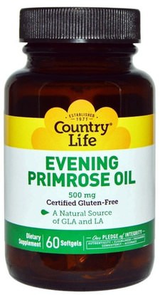 Country Life, Evening Primrose Oil, 500 mg, 60 Softgels ,المكملات الغذائية، إيفا أوميجا 3 6 9 (إيبا دا)، زيت زهرة الربيع المسائية، زيت زهرة الربيع سوفتغيلس