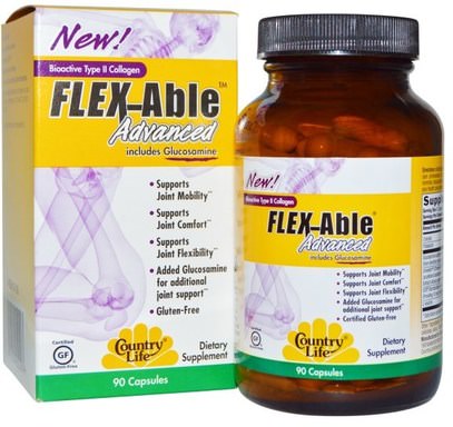 Country Life, Flex Able Advanced, Includes Glucosamine, Bioactive Type II Collagen, 90 Capsules ,المكملات الغذائية، الجلوكوزامين