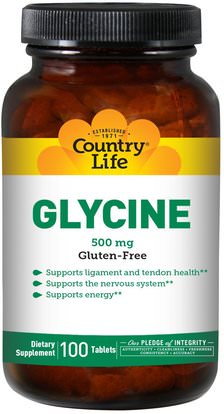 Country Life, Glycine, 500 mg, 100 Tablets ,المكملات الغذائية، الأحماض الأمينية، l الجلايسين