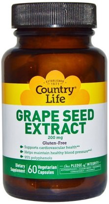 Country Life, Grape Seed Extract, 200 mg, 60 Veggie Caps ,المكملات الغذائية، مضادات الأكسدة، استخراج بذور العنب