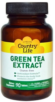 Country Life, Green Tea Extract, 90 Tablets ,المكملات الغذائية، مضادات الأكسدة، الشاي الأخضر