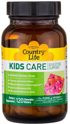Country Life, Kids Care Digestive Support, Watermelon, 120 Chewable Wafers ,صحة الطفل