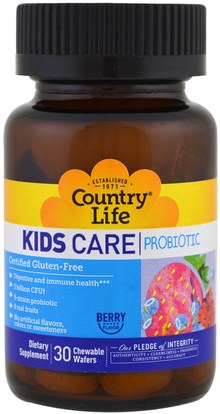 Country Life, Kids Care probiotic, Berry Flavor, 30 Chewable Wafers ,والمكملات الغذائية، والأطفال البروبيوتيك