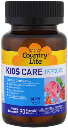 Country Life, Kids Care Probiotic, Berry Flavor, 90 Chewable Wafers ,والمكملات الغذائية، والأطفال البروبيوتيك
