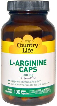 Country Life, L-Arginine Caps, 500 mg, 100 Vegan Caps ,المكملات الغذائية، والأحماض الأمينية، ل أرجينين