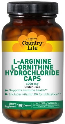 Country Life, L-Arginine L-Ornithine Hydrochloride Caps, 1000 mg, 180 Capsules ,المكملات الغذائية، والأحماض الأمينية، ل أرجينين، ل أرجينين + ل أورنيثين