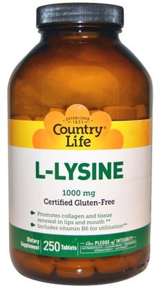 Country Life, L-Lysine, 1000 mg, 250 Tablets ,المكملات الغذائية، والأحماض الأمينية، ل يسين