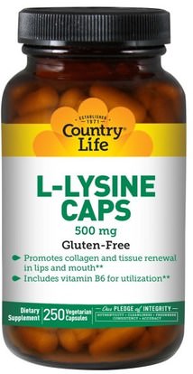 Country Life, L-Lysine Caps, 500 mg, 250 Veggie Caps ,المكملات الغذائية، والأحماض الأمينية