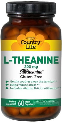 Country Life, L-Theanine, 200 mg, 60 Vegan Caps ,المكملات الغذائية، والأحماض الأمينية، ل الثيانين