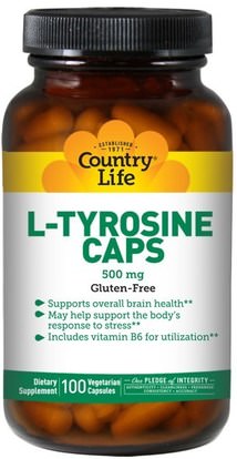 Country Life, L-Tyrosine Caps, 500 mg, 100 Veggie Caps ,المكملات الغذائية، والأحماض الأمينية، لتر التيروزين