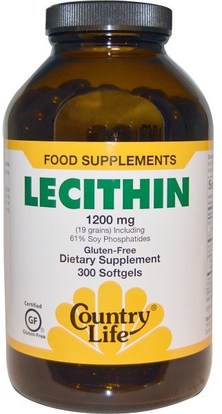 Country Life, Lecithin, 1200 mg, 300 Softgels ,المكملات الغذائية، الليسيثين