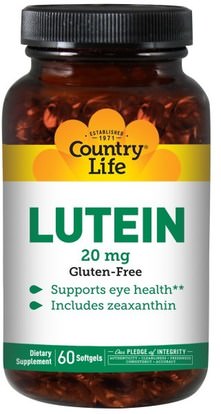 Country Life, Lutein, 20 mg, 60 Softgels ,المكملات الغذائية، مضادات الأكسدة، اللوتين، الفيتامينات