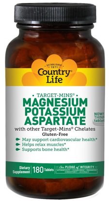 Country Life, Magnesium Potassium Aspartate, 180 Tablets ,المكملات الغذائية، المعادن، الأسبارتات المغنيسيوم