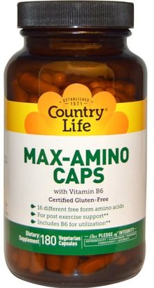 Country Life, Max-Amino Caps, with Vitamin B-6, 180 Veggie Caps ,المكملات الغذائية، والأحماض الأمينية، ل سيرين