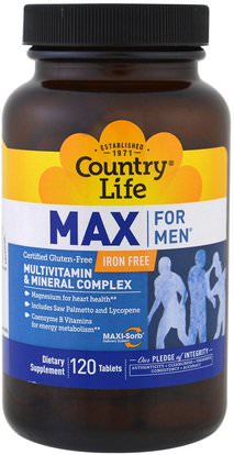 Country Life, Max for Men, Multivitamin & Mineral Complex, Iron-Free, 120 Tablets ,الفيتامينات، الرجال الفيتامينات