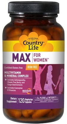 Country Life, Max, for Women, Multivitamin & Mineral Complex, Iron Free, 120 Veggie Caps ,الفيتامينات، النساء الفيتامينات
