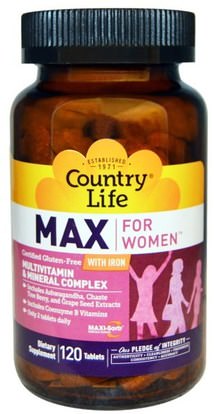 Country Life, Max, for Women, Multivitamin & Mineral Complex, With Iron, 120 Tablets ,الفيتامينات، النساء الفيتامينات