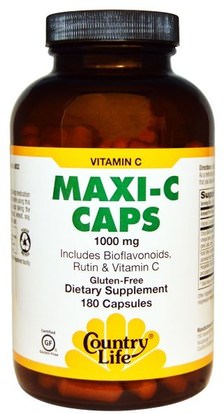 Country Life, Maxi-C Caps, 1000 mg, 180 Capsules ,الفيتامينات، فيتامين ج بيوفلافونويدس الورود