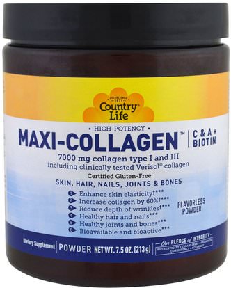 Country Life, Maxi-Collagen, C & A plus Biotin, High Potency, Flavorless Powder, 7.5 oz (213 g) ,الصحة، المرأة