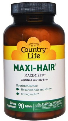 Country Life, Maxi-Hair, 90 Tablets ,الصحة، المرأة، مكملات الشعر، مكملات الأظافر، ملاحق الجلد، حمام، الجمال، ترقق الشعر ونمو