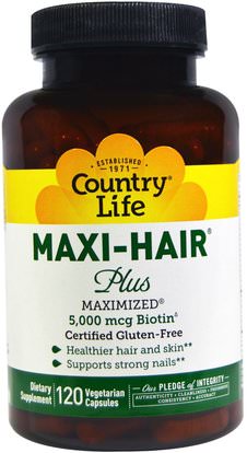 Country Life, Maxi Hair Plus, 120 Veggie Caps ,الفيتامينات، فيتامين ب، البيوتين، الصحة، المرأة، الجلد