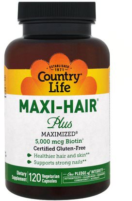 Country Life, Maxi Hair Plus, 5,000 mcg, 120 Veggie Caps ,الفيتامينات، فيتامين ب، البيوتين