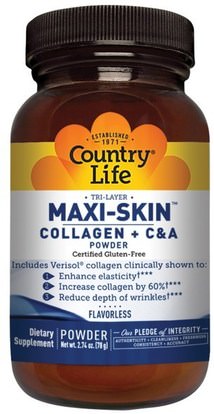 Country Life, Maxi-Skin Collagen + C & A Powder, Flavorless, 2.74 oz (78 g) ,الصحة، العظام، هشاشة العظام، الكولاجين، النساء، الجلد