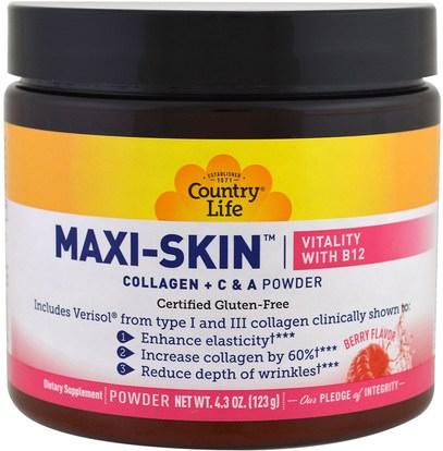 Country Life, Maxi-Skin, Vitality with B12, Berry Flavor, Powder, 4.3 oz (123 g) ,الصحة، العظام، هشاشة العظام
