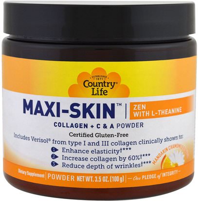 Country Life, Maxi-Skin Zen With L-Theanine, Mandarin Chamomile Flavor, Powder, 3.5 oz (100 g) ,المكملات الغذائية، والأحماض الأمينية، ل الثيانين