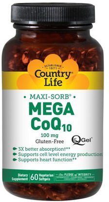 Country Life, Maxi-Sorb, Mega CoQ10, 100 mg, 60 Softgels ,المكملات الغذائية، أنزيم q10، coq10