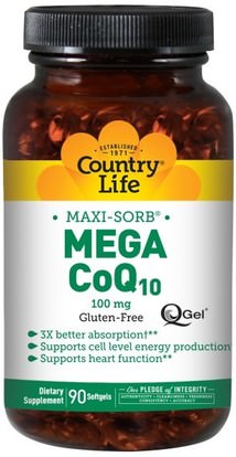Country Life, Maxi-Sorb, Mega CoQ10, 100 mg, 90 Softgels ,المكملات الغذائية، أنزيم q10، coq10