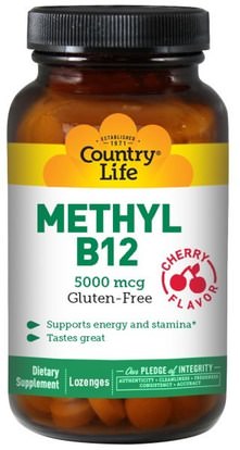 Country Life, Methyl B12, Cherry Flavor, 5000 mcg, 60 Lozenges ,الفيتامينات، وفيتامين ب، وفيتامين ب 12، وفيتامين ب 12 - ميثيلكوبالامين