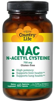 Country Life, NAC, N-Acetyl Cysteine, 750 mg, 60 Veggie Caps ,المكملات الغذائية، والأحماض الأمينية، ناك (ن أستيل السيستين)